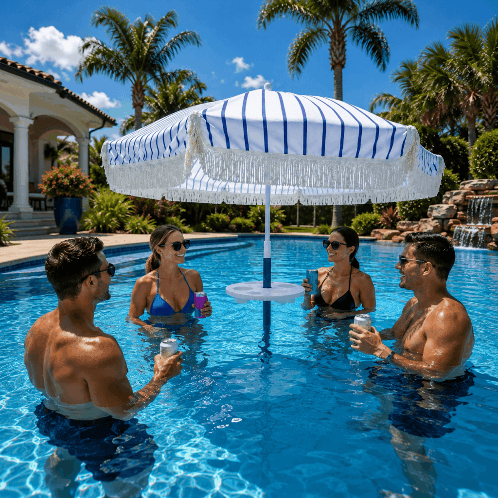 In Pool swiming pool umbrella table wth 4 people under it
