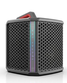 Portable Bluetooth speaker with hexagonal grille, vertical rainbow LED strip and red carrying handle.