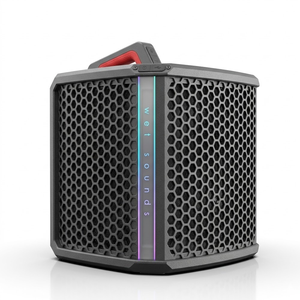 Portable Bluetooth speaker with hexagonal grille, vertical rainbow LED strip and red carrying handle.