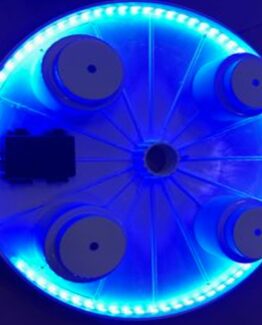 Blue circular LED ring with four white cylindrical components around the edge, evenly spaced.]