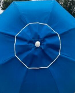 Close-up of a blue umbrella canopy with a white stitched octagonal ring at the center.