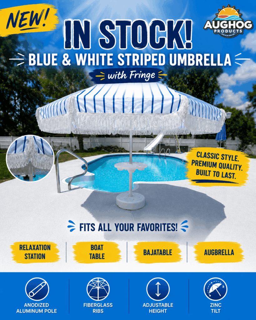 Striped umbrella with fringe pool beach boat backyard