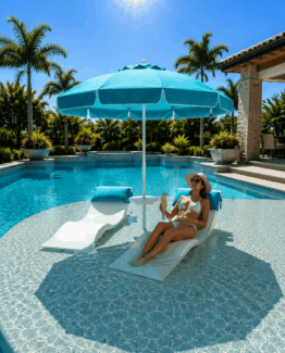 Woman in the pool under the umbrellabjatablevert2 - Woman in a white bikini and sunhat lounging on a white pool chair under a turquoise umbrella by a resort pool, holding a tropical drink.