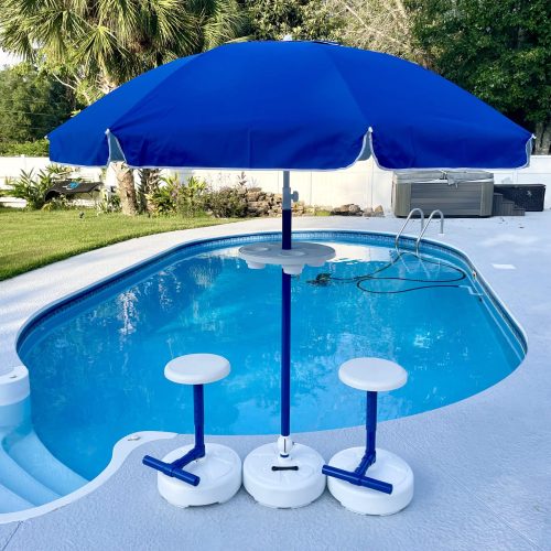 Swimming pool umbrella table with stools blue