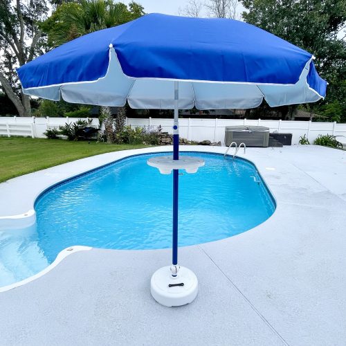 Photo of a blue table and a blue swimming pool for use in a pool.