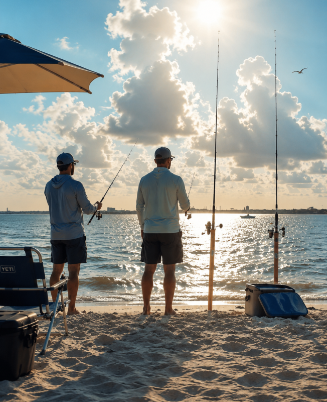 Photos of fishermen on the baech using the big rod surf fishing rod holders.